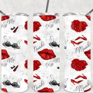 Women's Red White Valentine Date Night Design Tumbler Teddy Coaster Gift Set